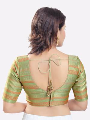 Salwar Studio Women's Pista Green Brocade Printed Readymade Saree Blouse 2