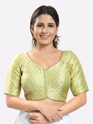 Salwar Studio Women's Pista Green Brocade Printed Readymade Saree Blouse 1