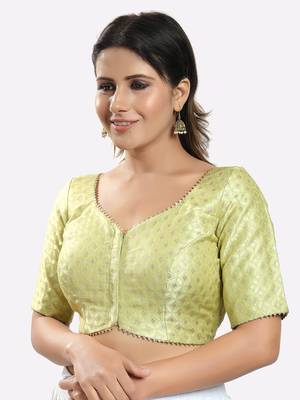Salwar Studio Women's Pista Green Brocade Printed Readymade Saree Blouse 4
