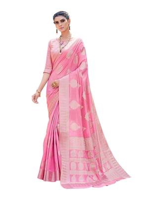 Pink woven silk blend saree with blouse 1