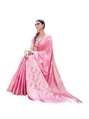 Pink woven silk blend saree with blouse 2