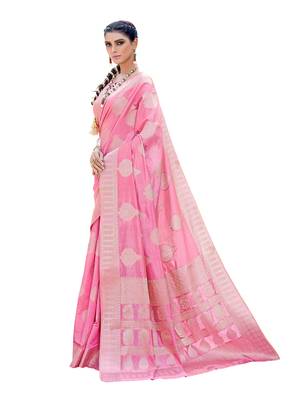 Pink woven silk blend saree with blouse 3