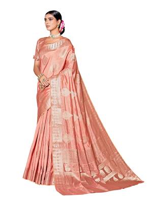 Peach woven silk blend saree with blouse 1