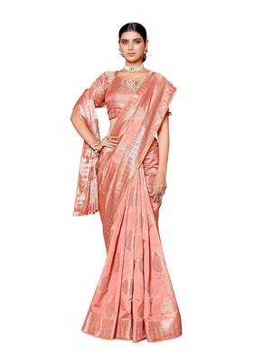 Peach woven silk blend saree with blouse 3