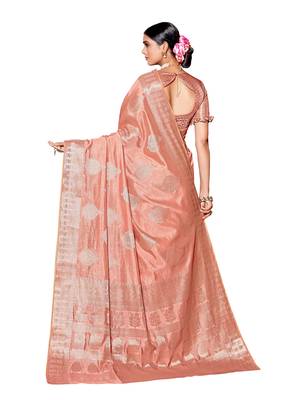 Peach woven silk blend saree with blouse 4