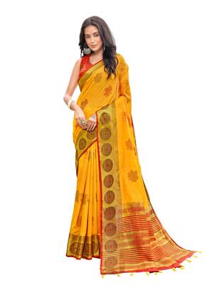 Yellow woven chanderi silk saree with blouse 1