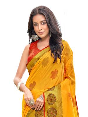 Yellow woven chanderi silk saree with blouse 2