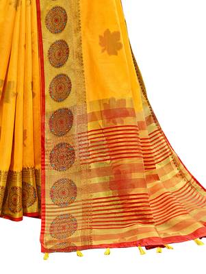 Yellow woven chanderi silk saree with blouse 3