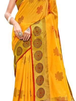 Yellow woven chanderi silk saree with blouse 4