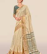 Beige woven banarasi cotton saree with blouse
