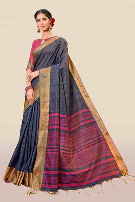 Blue woven banarasi cotton saree with blouse 1