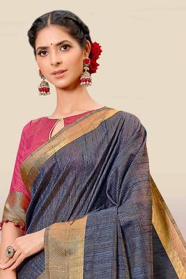 Blue woven banarasi cotton saree with blouse 3