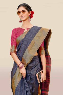 Blue woven banarasi cotton saree with blouse 4