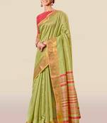 Green woven banarasi cotton saree with blouse