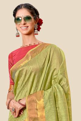 Green woven banarasi cotton saree with blouse 2