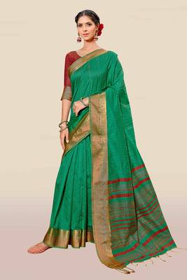 Green woven banarasi cotton saree with blouse 1