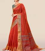 Red woven banarasi cotton saree with blouse