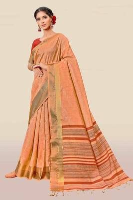 Peach woven banarasi cotton saree with blouse 1