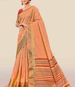 Peach woven banarasi cotton saree with blouse