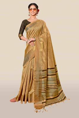 Beige woven banarasi cotton saree with blouse 1