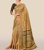 Beige woven banarasi cotton saree with blouse