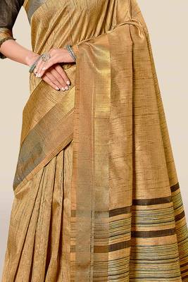 Beige woven banarasi cotton saree with blouse 3