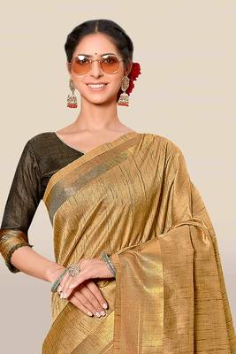 Beige woven banarasi cotton saree with blouse 4