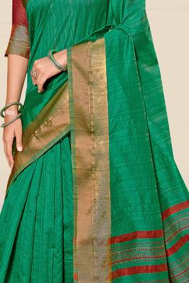 Green woven banarasi cotton saree with blouse 3