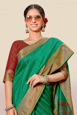 Green woven banarasi cotton saree with blouse 4
