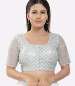 Salwar Studio Women's Silver Net Embroidered Readymade Saree Blouse