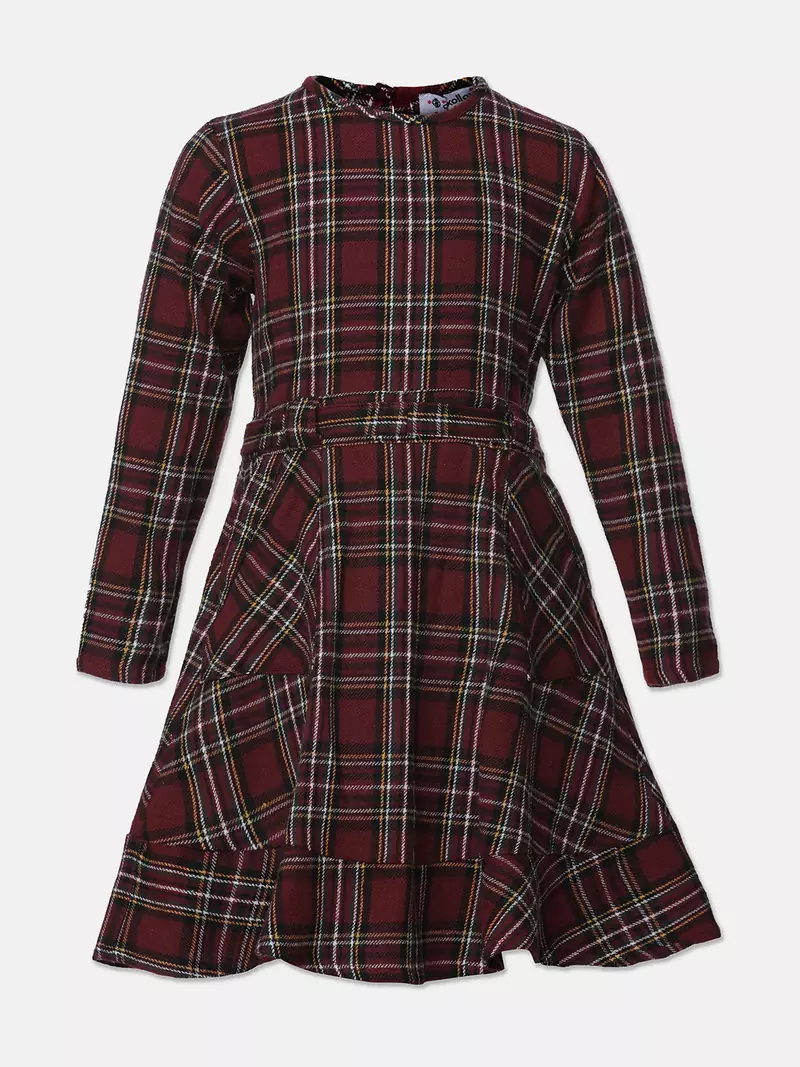 Dressy wine brush check girl dress