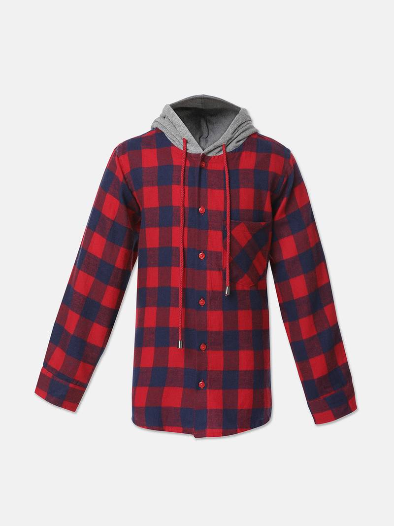 Dome red brush check boy hooded shirt