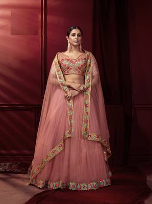 Pink embroidered net lehenga 1