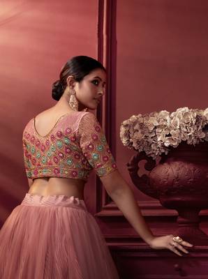 Pink embroidered net lehenga 4