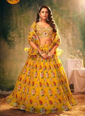 Yellow embroidered organza lehenga 1