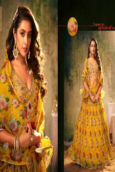 Yellow embroidered organza lehenga