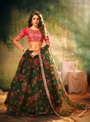 Green embroidered organza lehenga 1