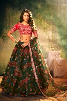 Green embroidered organza semi stitched lehenga