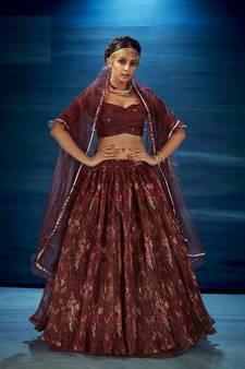 Maroon embroidered organza semi stitched lehenga