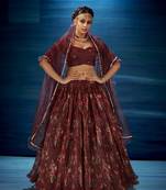 Maroon embroidered organza semi stitched lehenga