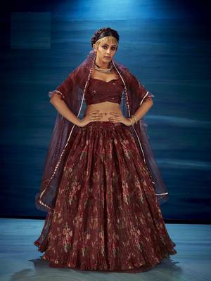 Maroon embroidered organza lehenga 2