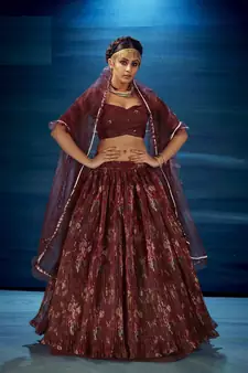 Maroon embroidered organza lehenga