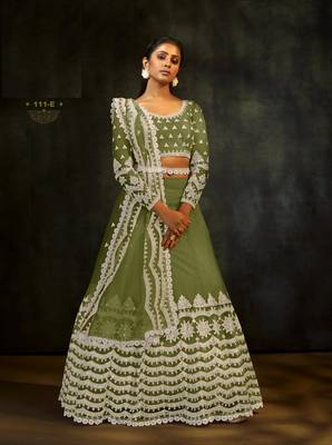 Green embroidered net lehenga 1