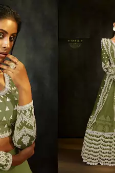 Green embroidered net lehenga