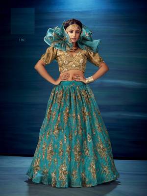 Sky-blue embroidered organza semi stitched lehenga 1