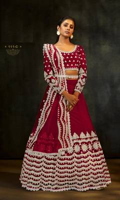 Red embroidered net semi stitched lehenga 1