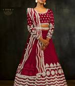 Red embroidered net semi stitched lehenga