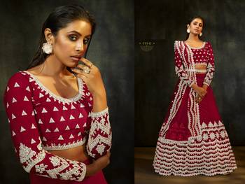 Red embroidered net semi stitched lehenga 2