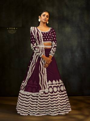 Wine embroidered net semi stitched lehenga 1