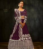 Wine embroidered net semi stitched lehenga